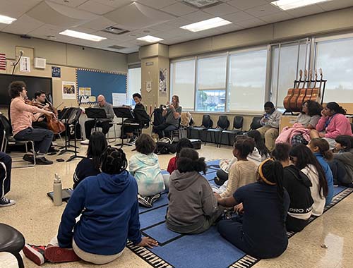 A group of children sitting on the floor, engaged and watching a piano performance.